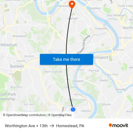 Worthington Ave + 13th to Homestead, PA map