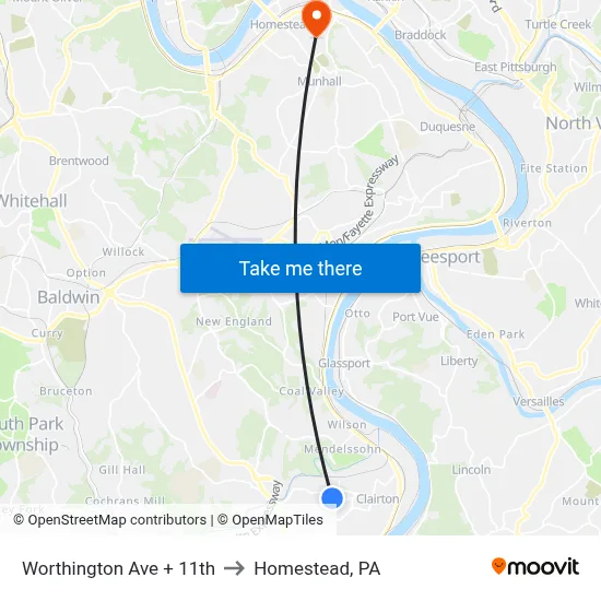 Worthington Ave + 11th to Homestead, PA map