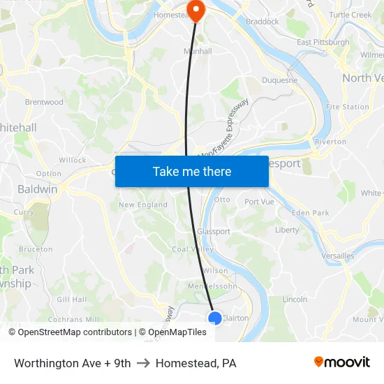 Worthington Ave + 9th to Homestead, PA map
