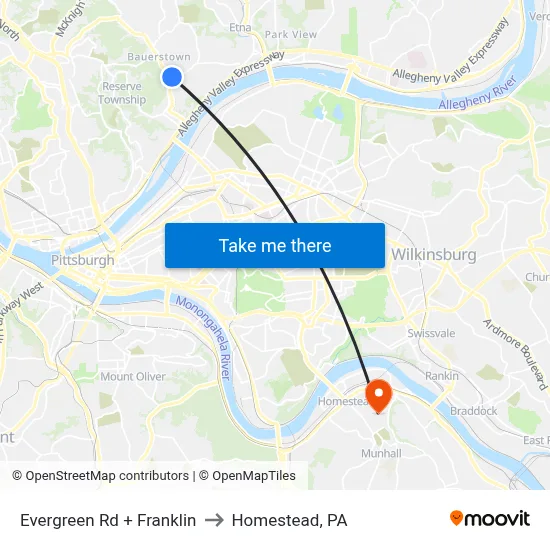 Evergreen Rd + Franklin to Homestead, PA map