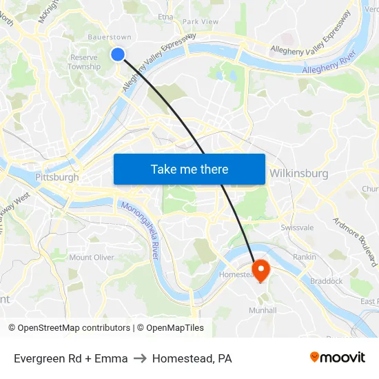 Evergreen Rd + Emma to Homestead, PA map