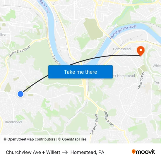 Churchview Ave + Willett to Homestead, PA map