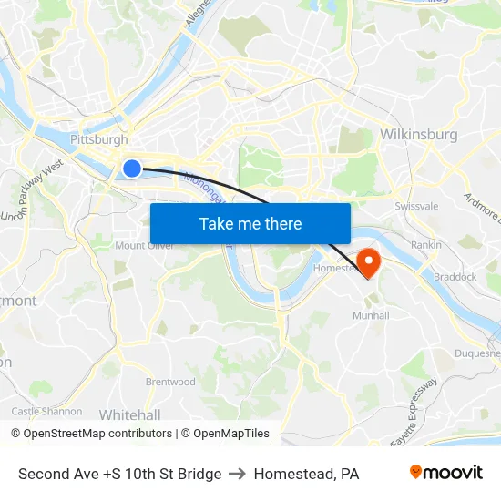 Second Ave +S 10th St Bridge to Homestead, PA map