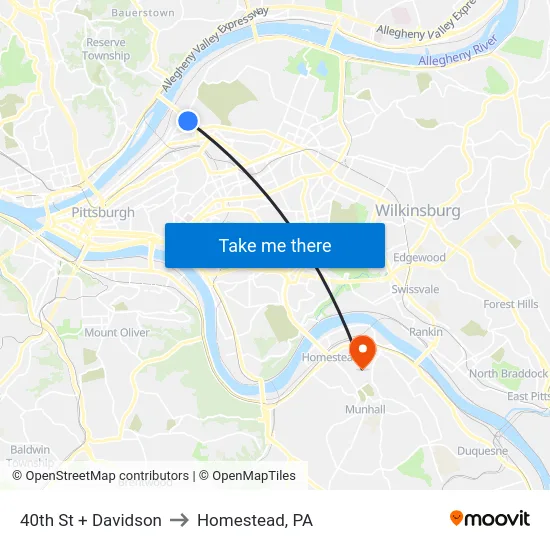 40th St + Davidson to Homestead, PA map