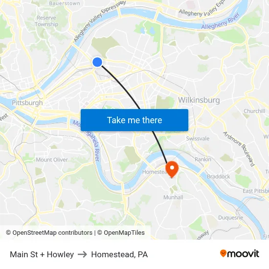Main St + Howley to Homestead, PA map