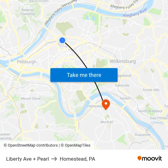 Liberty Ave + Pearl to Homestead, PA map