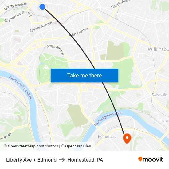 Liberty Ave + Edmond to Homestead, PA map