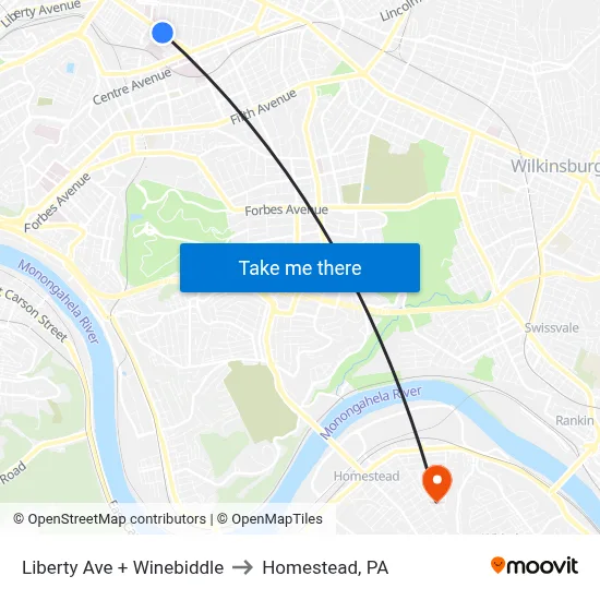 Liberty Ave + Winebiddle to Homestead, PA map