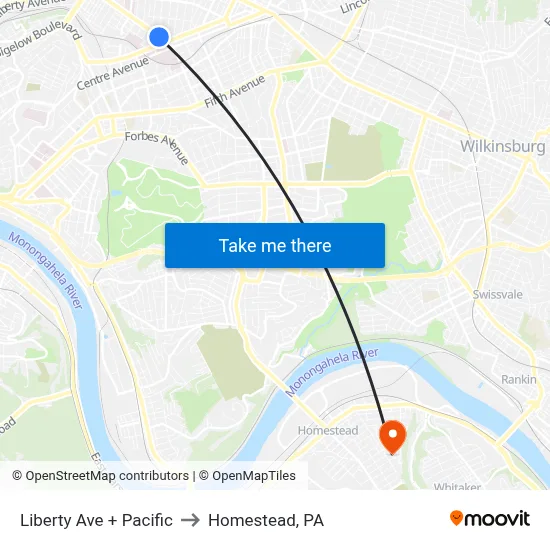 Liberty Ave + Pacific to Homestead, PA map