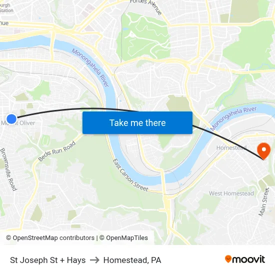 St Joseph St + Hays to Homestead, PA map
