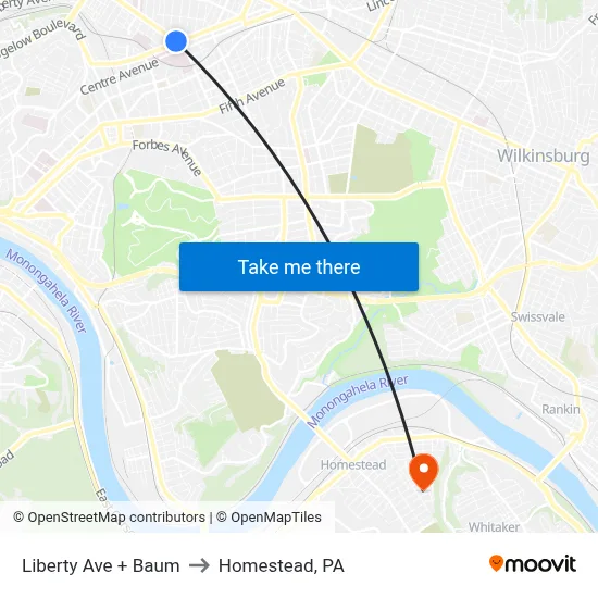 Liberty Ave + Baum to Homestead, PA map