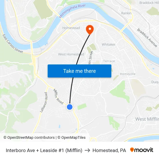 Interboro Ave + Leaside #1 (Mifflin) to Homestead, PA map