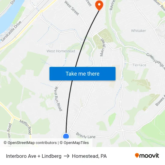 Interboro Ave + Lindberg to Homestead, PA map