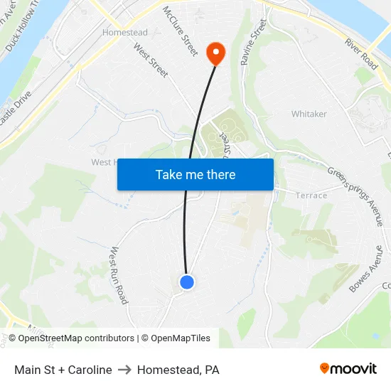 Main St + Caroline to Homestead, PA map