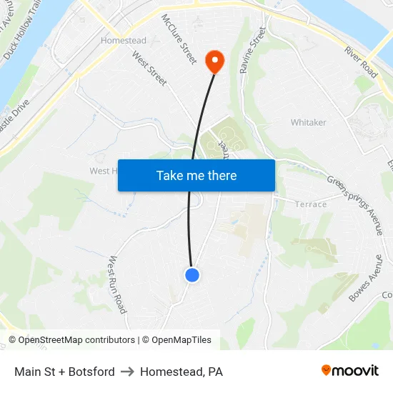 Main St + Botsford to Homestead, PA map