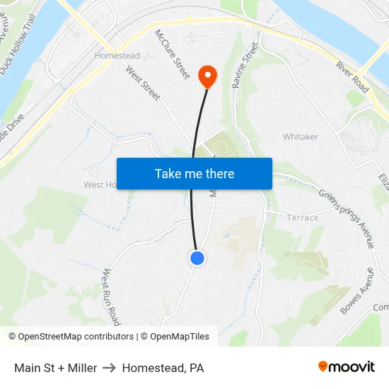 Main St + Miller to Homestead, PA map