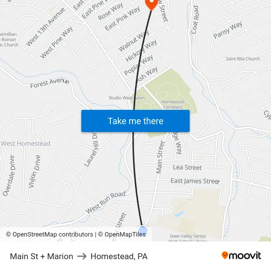 Main St + Marion to Homestead, PA map