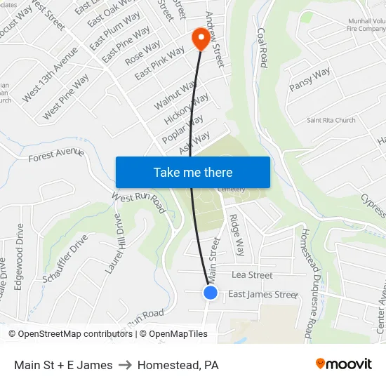 Main St + E James to Homestead, PA map