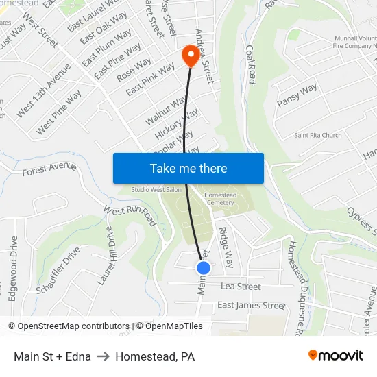 Main St + Edna to Homestead, PA map