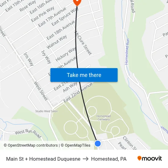 Main St + Homestead Duquesne to Homestead, PA map