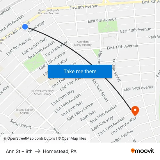 Ann St + 8th to Homestead, PA map