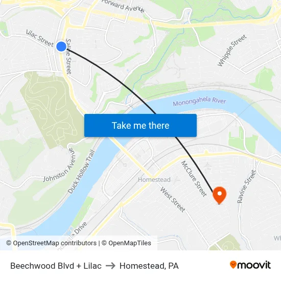Beechwood Blvd + Lilac to Homestead, PA map