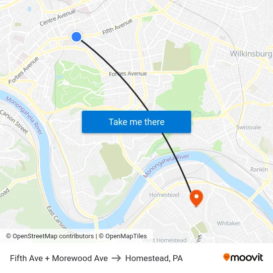 Fifth Ave + Morewood Ave to Homestead, PA map