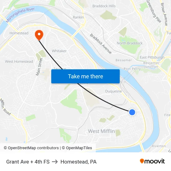 Grant Ave + 4th FS to Homestead, PA map