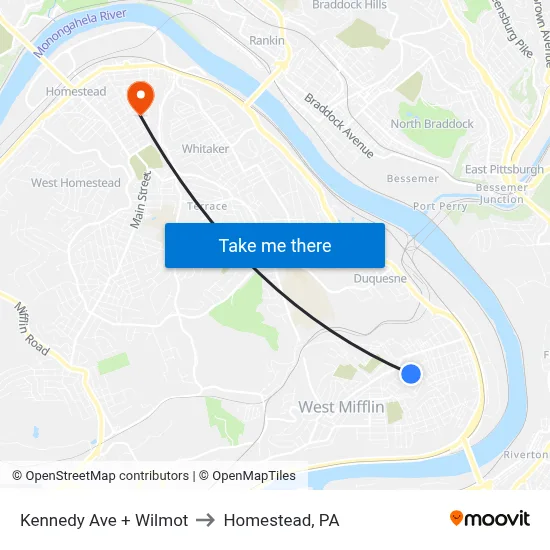 Kennedy Ave + Wilmot to Homestead, PA map