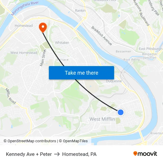 Kennedy Ave + Peter to Homestead, PA map