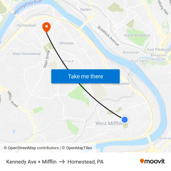 Kennedy Ave + Mifflin to Homestead, PA map