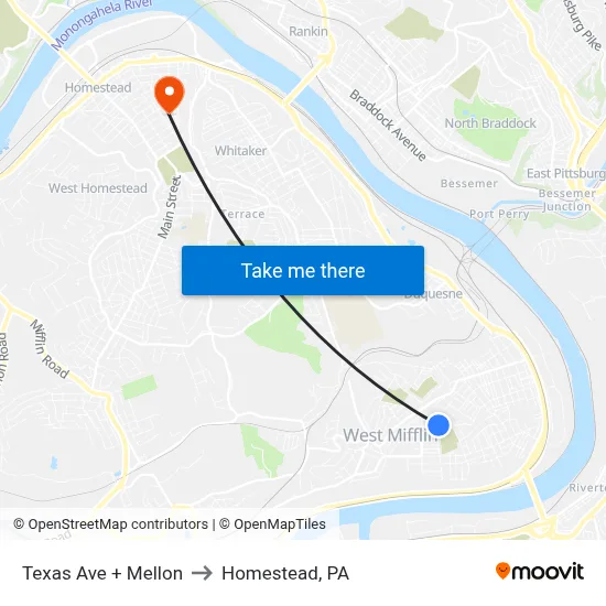 Texas Ave + Mellon to Homestead, PA map