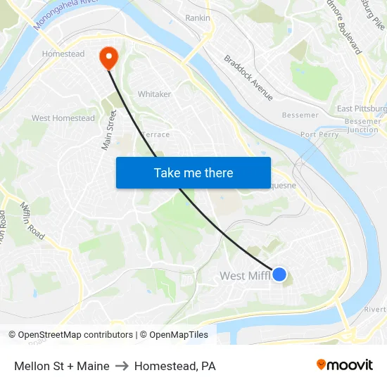 Mellon St + Maine to Homestead, PA map