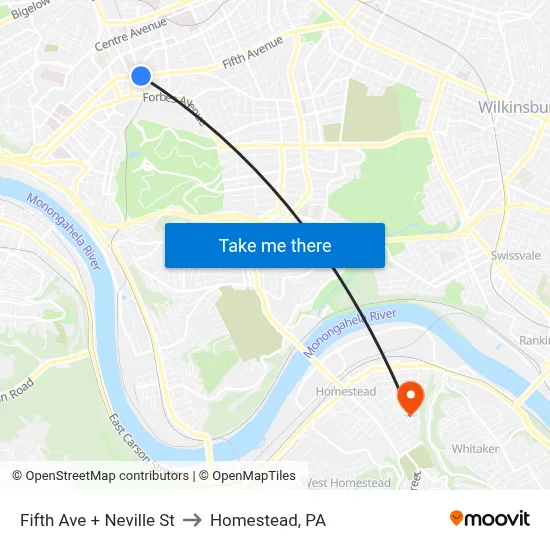 Fifth Ave + Neville St to Homestead, PA map