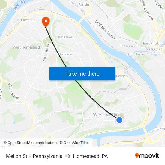 Mellon St + Pennsylvania to Homestead, PA map