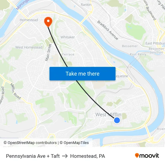 Pennsylvania Ave + Taft to Homestead, PA map
