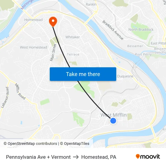 Pennsylvania Ave + Vermont to Homestead, PA map