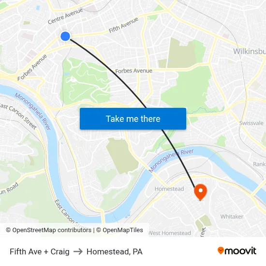 Fifth Ave + Craig to Homestead, PA map