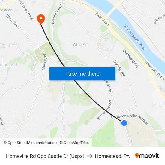Homeville Rd Opp Castle Dr (Usps) to Homestead, PA map