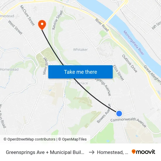 Greensprings Ave + Municipal Building to Homestead, PA map