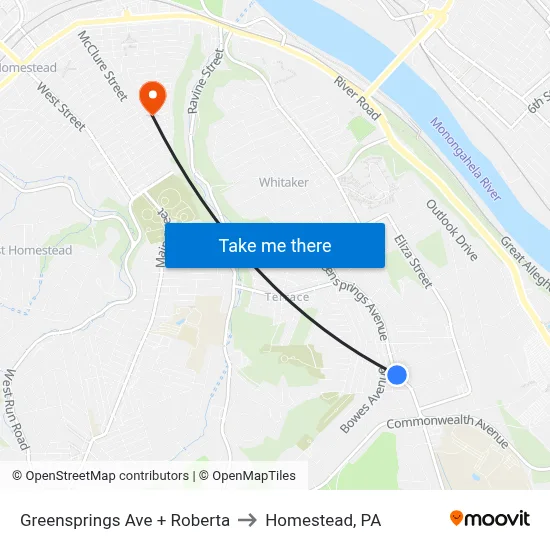 Greensprings Ave + Roberta to Homestead, PA map