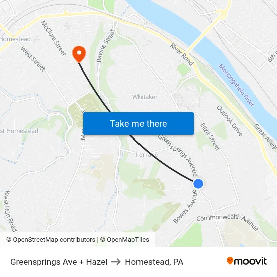 Greensprings Ave + Hazel to Homestead, PA map