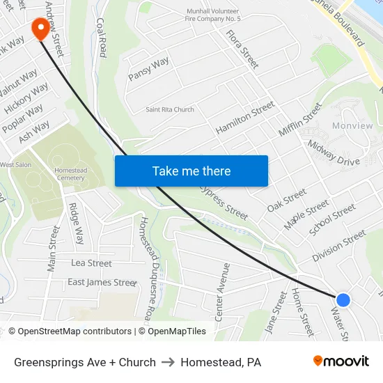 Greensprings Ave + Church to Homestead, PA map