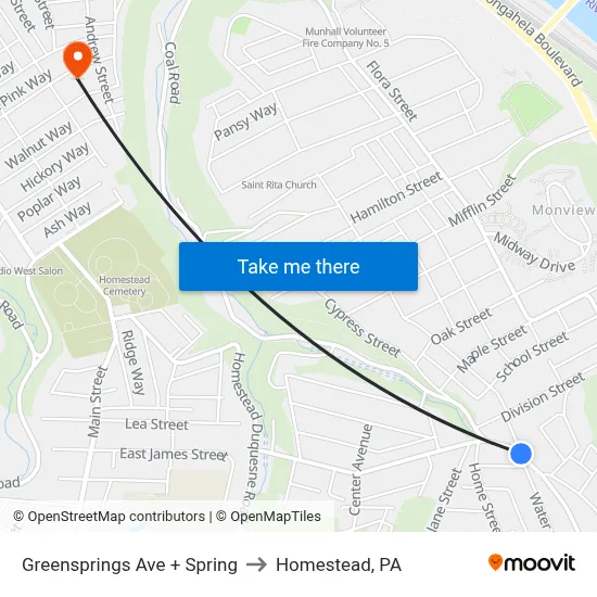 Greensprings Ave + Spring to Homestead, PA map