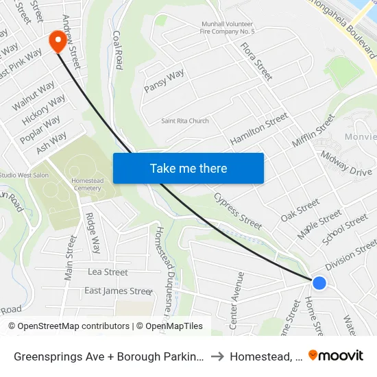 Greensprings Ave + Borough Parking Lot to Homestead, PA map