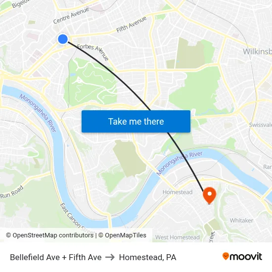 Bellefield Ave + Fifth Ave to Homestead, PA map