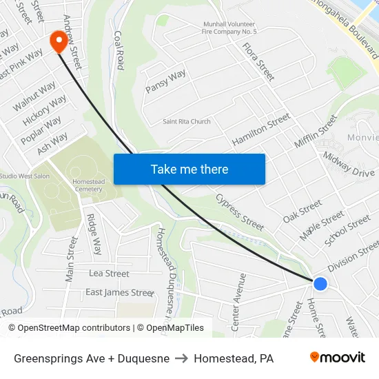 Greensprings Ave + Duquesne to Homestead, PA map
