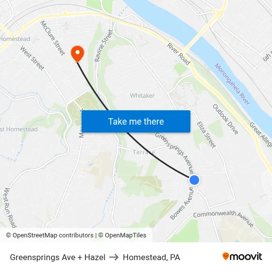 Greensprings Ave + Hazel to Homestead, PA map