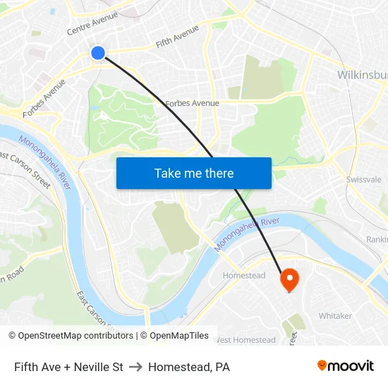 Fifth Ave + Neville St to Homestead, PA map