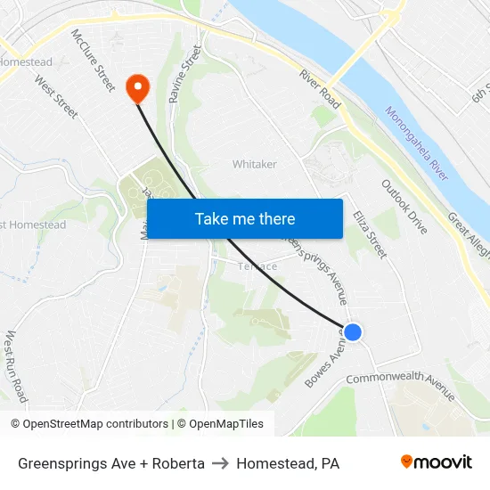Greensprings Ave + Roberta to Homestead, PA map